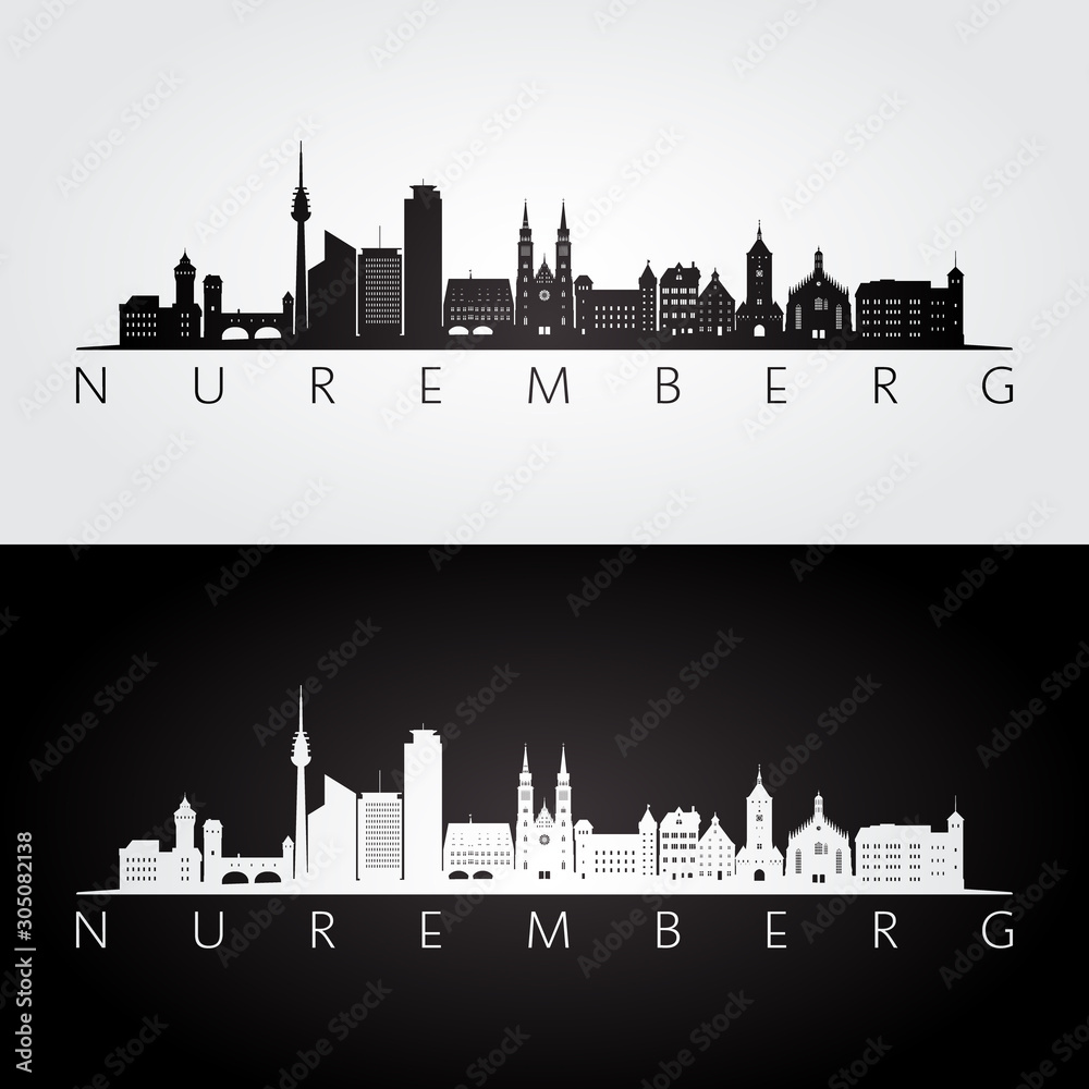 Obraz Nuremberg skyline and landmarks silhouette, black and white design, vector illustration.