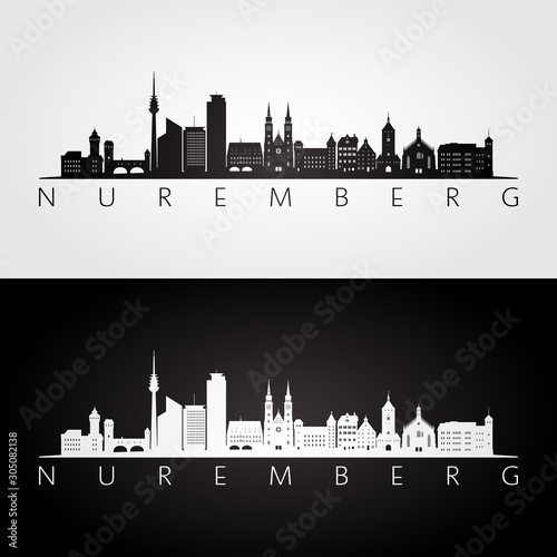 Nuremberg skyline and landmarks silhouette, black and white design, vector illustration.