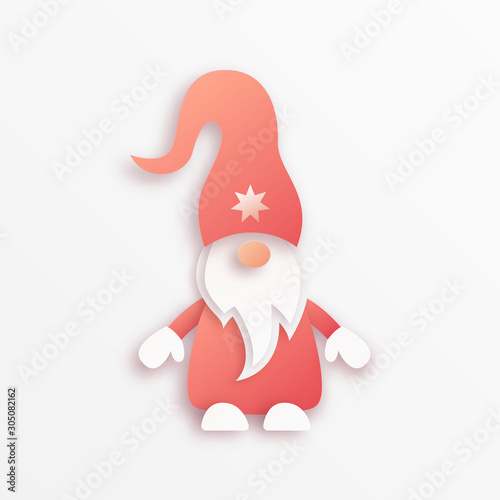Cute Christmas gnome in red hat. Paper cut design. Merry Christmas and Happy New Year illustration.