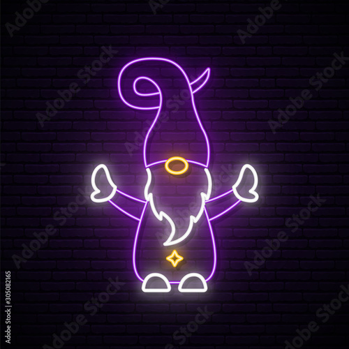 Christmas gnome neon sign. Bright violet gnome silhouette on dark brick background. Happy New Year Design.