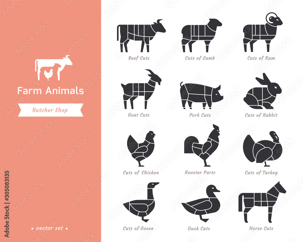 Obraz premium Farm animals silhouettes collection for groceries, meat stores, packaging, and advertising.