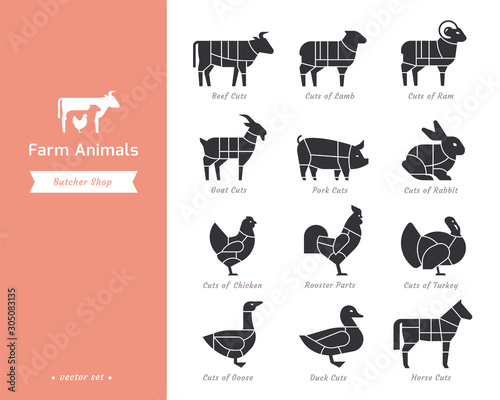 Fototapeta Naklejka Na Ścianę i Meble -  Farm animals silhouettes collection for groceries, meat stores, packaging, and advertising.