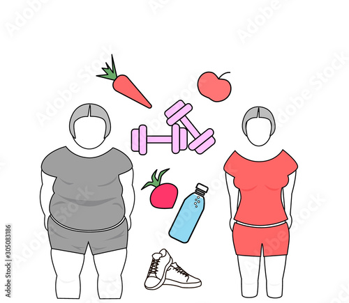 losing weight. nutrition, sports. all that contributes to weight loss. vector illustration.