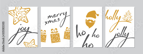 Merry Christmas cards set with hand drawn elements. Doodles and sketches vector Christmas illustrations, DIN A6