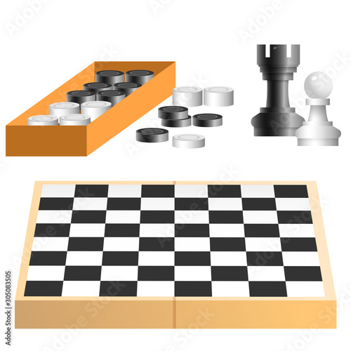 Color image of chessboard with chess and checkers on white background. Board games and leisure. Vector illustration set.