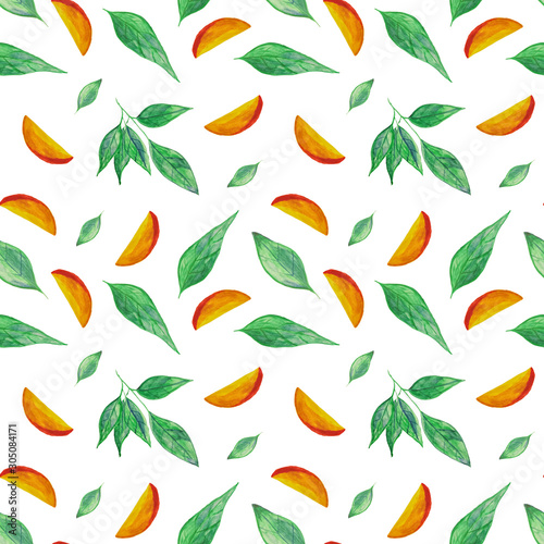 Mango fruit and leaves tropic seamless pattern for textile, wallpaper, fabric, wrapping. Mango watercolor