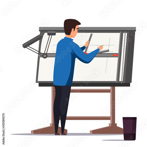 Architect designer working on project illustration. Engineer using professional equipment. Male flat character drawing building plan. Blueprint on drafting table. Confused student at maths class.