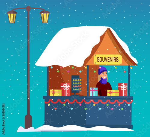 Christmas fair cart with gifts flat vector illustration. Xmas market vendor character selling gift boxes. Cartoon night fair, winter festival. Outdoor street market stall on fairground.