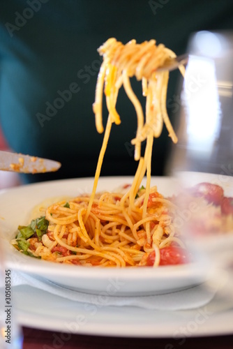spaghetti with tomato sauce in cafe