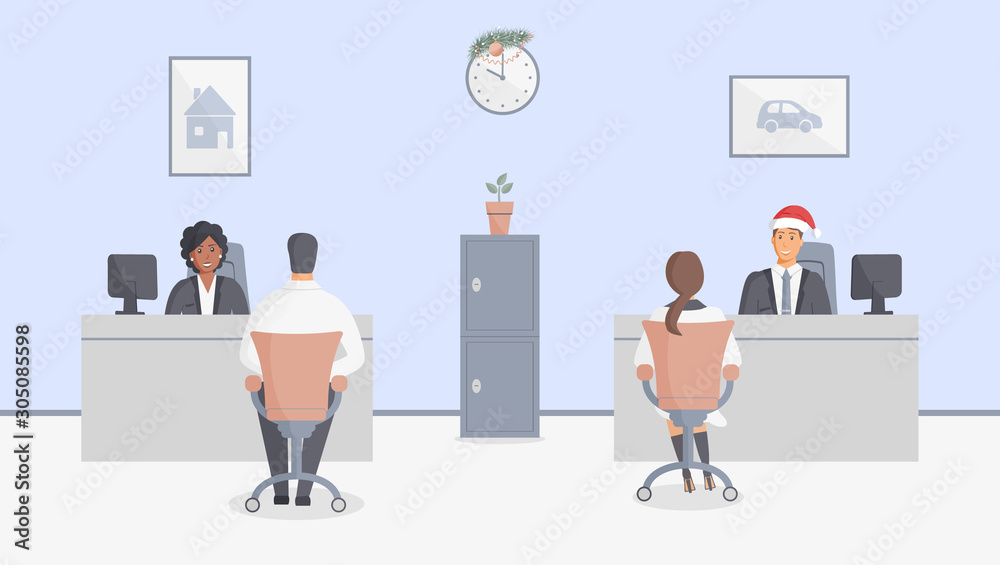 Bank office or insurance company Christmas and New year: bank employees sitting behind tables and serving bank customers. Elegant interior with wall clock and paintings with house and car.Safe.Vector