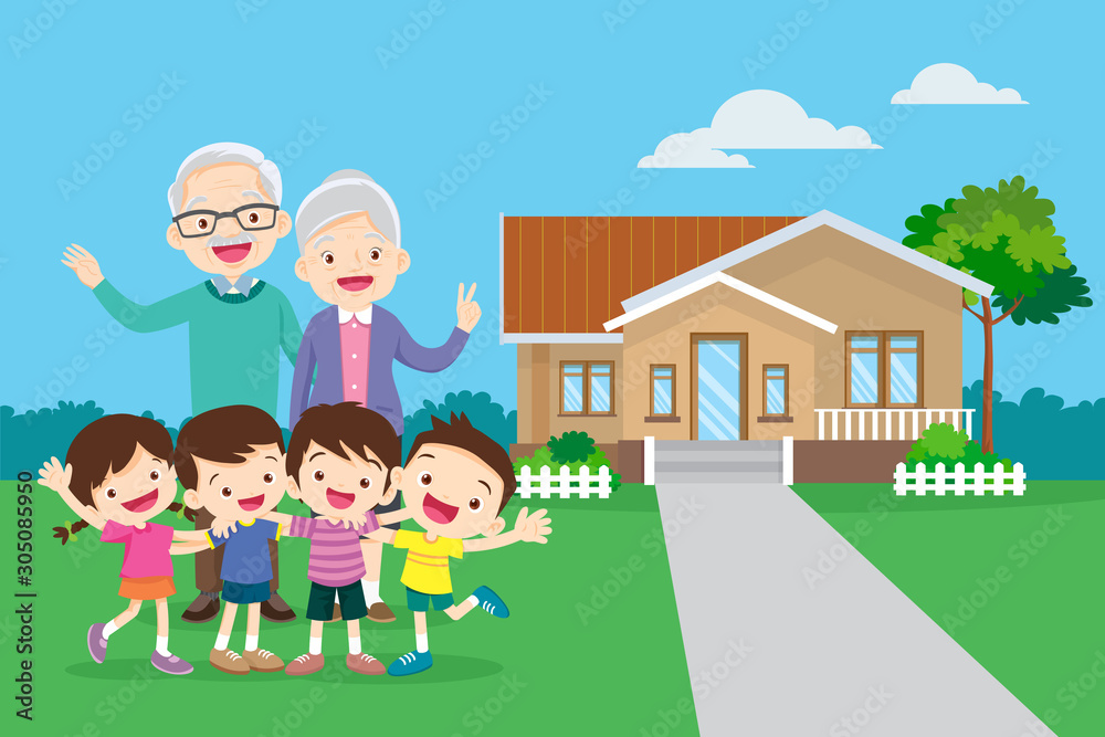 grandparents with kids and background of them home