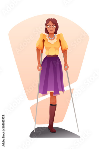 Woman with amputated leg flat vector illustration. Injured girl with metal crutches clipart. Patient going to hospital isolated design element. Doctor appointment. Accident, emergency.
