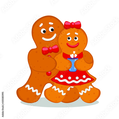 Funny cute gingerbread family couple hugging and looking at each other. Christmas food concept.