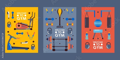 Set of gym banners in flat style, vector illustration. Fitness studio equipment icons, sport club invitation, welcome to gym. Poster with workout accessories