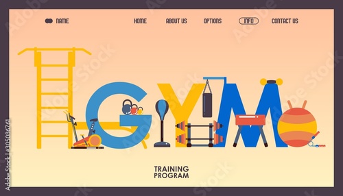 Gym website design, vector illustration. Typographic composition of letters and training equipment. Landing page template in flat style, workout accessories, training center