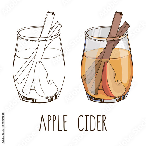 Set of hand drawn vector images isolated on white background. Apple cider with spices and fruit slices. Popular hot winter drink. Christmas cocktail. Menu design. Modern lettering. Contour and color
