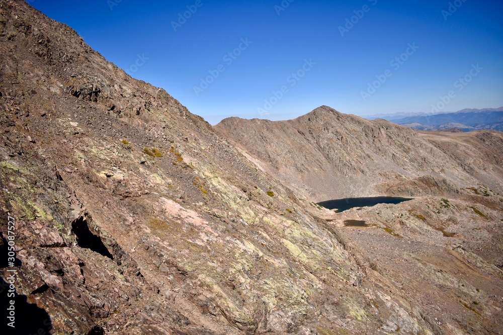 A high alpine lake sits beneath the back side of Eagle's Nest Peak.