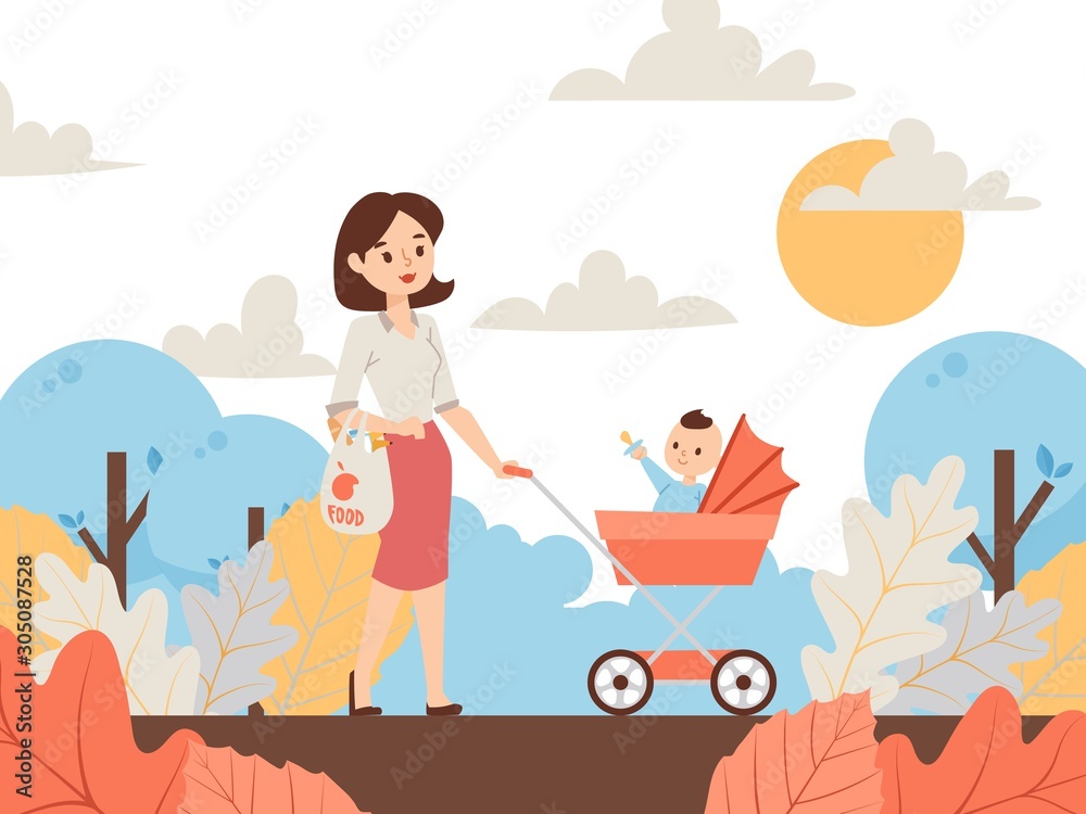 Mother walking in park with baby stroller, vector illustration. Young woman with groceries bag strolling outdoor with newborn child. Mom spends time with her kid in nature