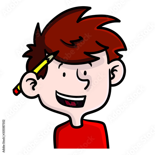 Laughing boy with brown hair has a yellow pencil behind the ear. graphic artist, designer, artist, construction worker, art, school, creative, avatar.