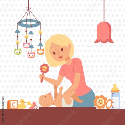 Mother changing baby diaper, vector illustration. Young woman playing with her newborn child in nursery. Happy smiling mom taking care of baby at home, everyday parent routine