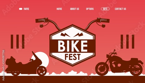 Bike fest website design, vector illustration. Landing page template for motorcycle riders festival, bikers band party, subculture club. Motorcycle silhouette