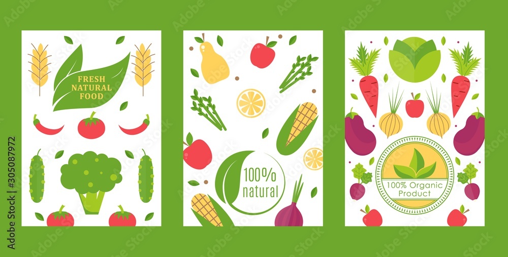 Fresh natural food, organic product banner, vector illustration. Set of vegetable icons and labels in flat style. Healthy green food from local farmers