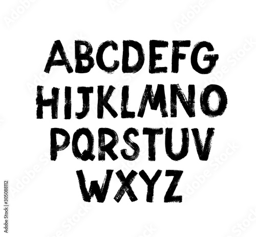 Vector font of grunge letters. Hand drawn ink alphabet. Grunge scratch type font. Stamp style uppercase letters.