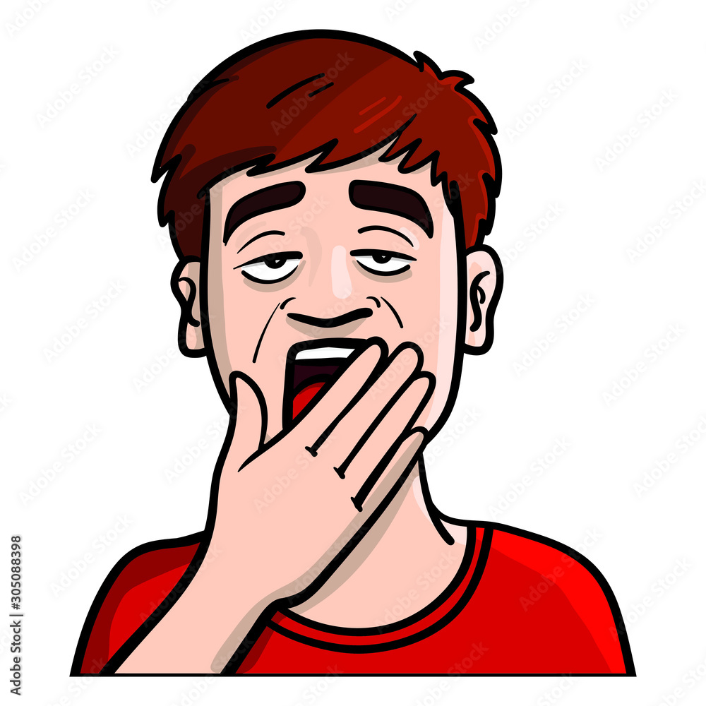 Hand drawn vector illustration of a tired and bored boy holding his hand over his mouth and yawning. outline, colorful, red, brown. Hand drawn vector illustration of a tired and bored boy holding his hand over his mouth and yawning. outline, colorful, red, brown.