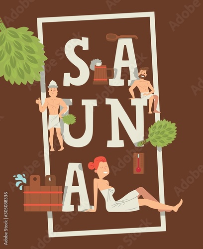 Sauna typographic poster, vector illustration. Letters in frame, people cartoon characters enjoying healthy leisure in sauna. Brochure cover template