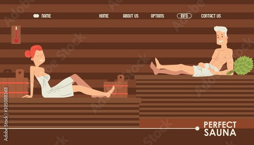 Sauna website design, vector illustration. Landing page template for recreation wellness center with sauna. Man and woman enjoy healthy leisure at spa resort