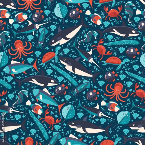 Ocean underwater world seamless pattern, vector illustration. Isolated sea fish creatures flat style, shark, flatfish, squid and turtle. Eel, octopus, seahorse, killer whale