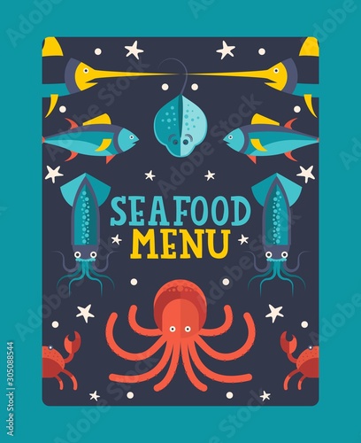 Seafood menu cover, vector illustration. Fish, squid, octopus and crab, underwater creatures in flat style. Seafood restaurant, sea fish dishes, food menu template