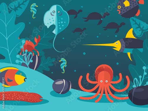 Fototapeta Naklejka Na Ścianę i Meble -  Underwater world vector illustration. Sea creatures in flat style, life at ocean bottom. Fish, octopus and eel under water, exotic animals of ocean, various sea creatures