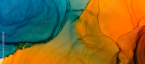 Blue and orange alcohol ink wallpaper. Hand drawn paintbrush swabs watercolor illustration.