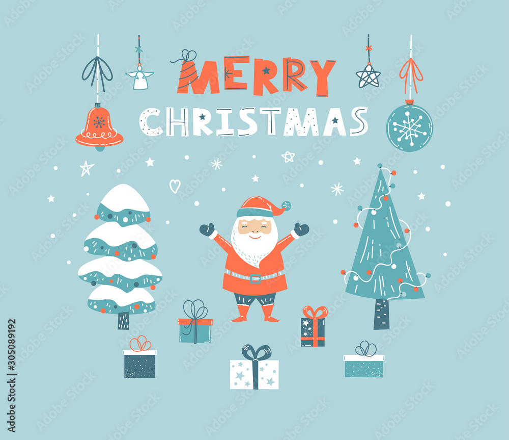 Merry Christmas hand drawn vector greeting card with lettering, Santa Claus, Christmas trees and gifts. Merry Christmas hand drawn vector greeting card with lettering, Santa Claus, Christmas trees and gifts.