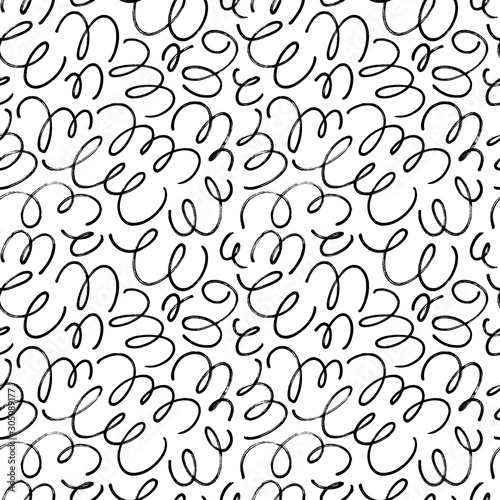 Curly pen lines vector seamless pattern. Swirl and curly lines texture. Hand painted grunge abstract background.