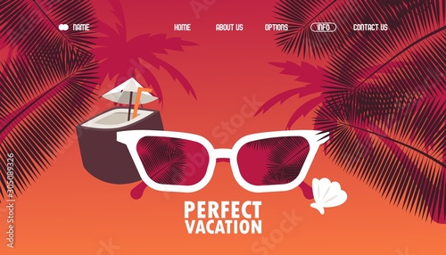 Perfect vacation travel agency website design, vector illustration. Landing page template, summer trip special offer, sunglasses and cocktail on tropical palm trees background