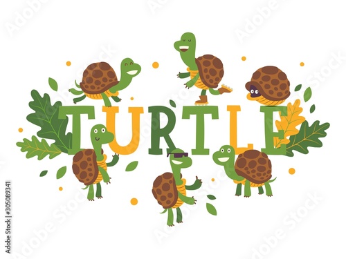 Turtle cartoon character on typography background  vector illustration. Cute tortoise in various action poses  on roller skates  smiling and running