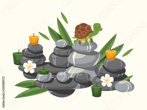 Spa stones composition with candles and flowers, vector illustration. Healthcare center decoration, pebble stones. Little turtle cartoon character. Oriental wellness resort