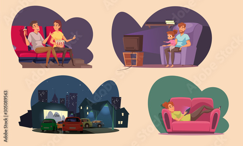 Movie time flat vector illustrations set