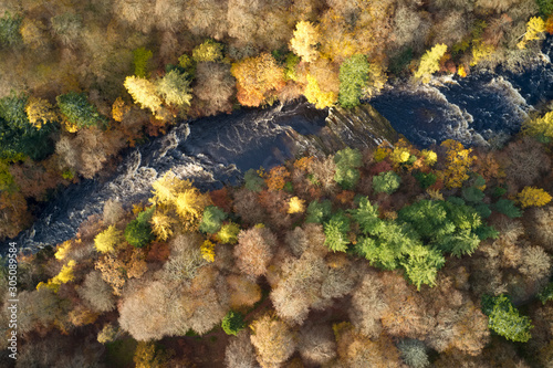 Aerial view of River Esk at Glenesk in Angus Scotland during Autumn colourful tree leaves