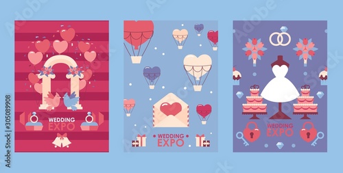 Wedding expo invitation, vector illustration. Set of banners in flat style, advertisement flyer, brochure cover. Wedding icons and symbols of love