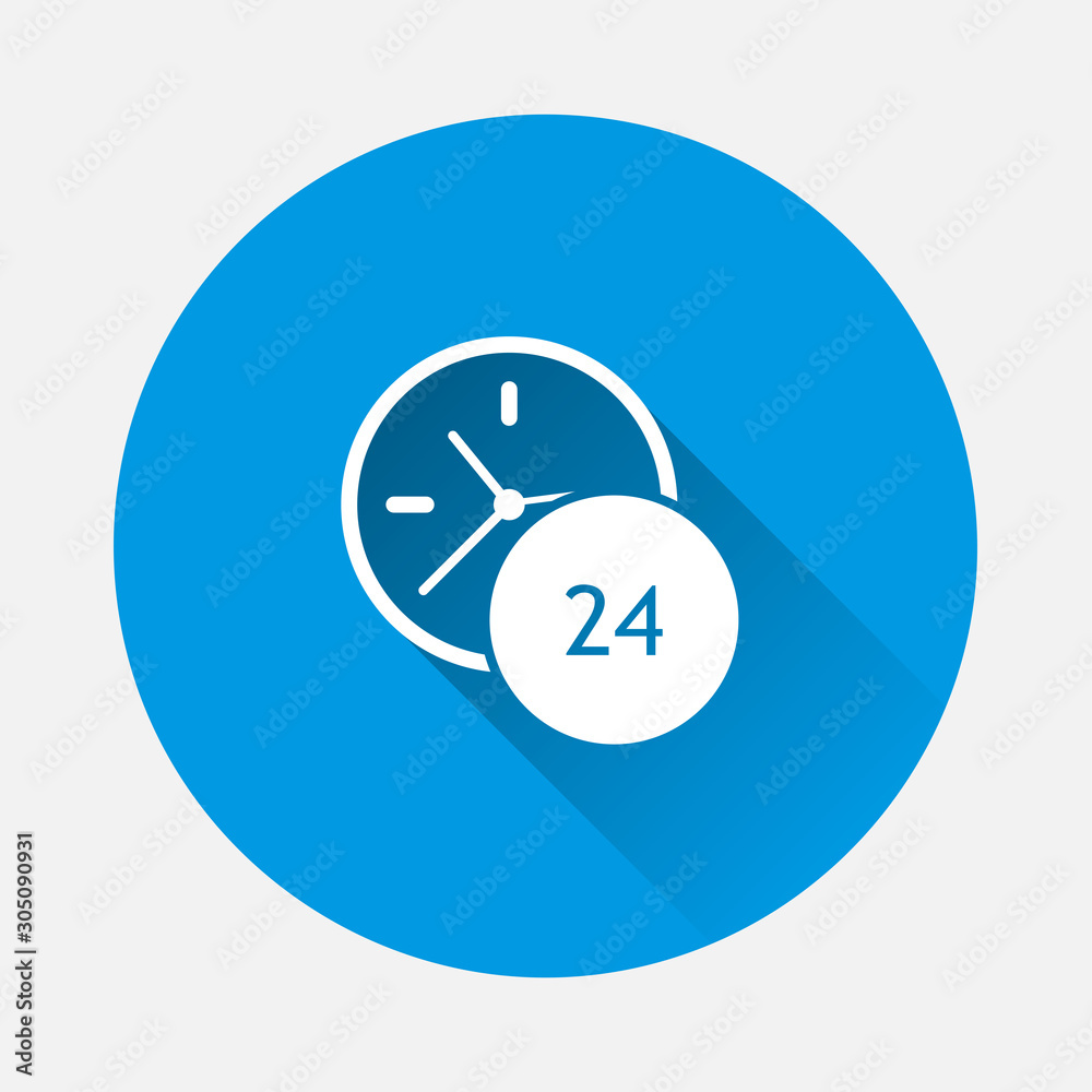Vector hour icon. Support 24 hours a day. Round the clock icon on blue background. Flat image with long shadow.