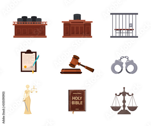 Court trial, courtroom vector illustrations set