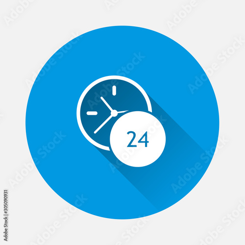 Vector hour icon. Support 24 hours a day. Round the clock icon on blue background. Flat image with long shadow.