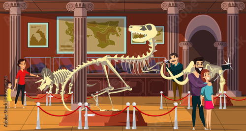 Dinosaur bones exhibition flat vector illustration