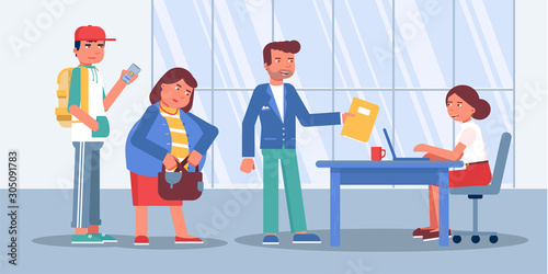 Cartoon people queue waiting in office for service