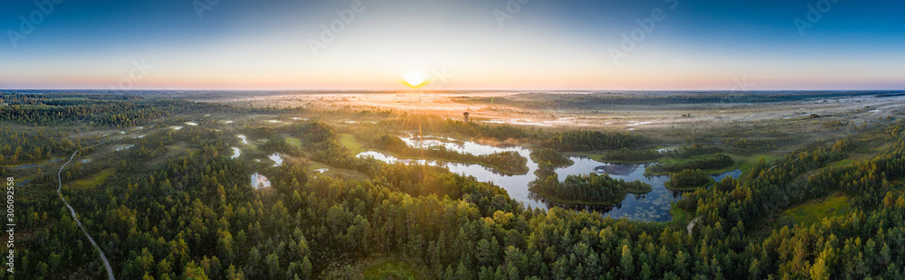 Obraz premium Sunrise in the bog landscape. Misty marsh, lakes nature environment background