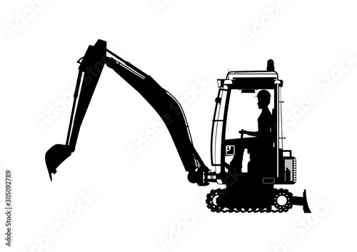 Mini excavator. Silhouette of an excavator with an operator inside. Side view. Flat vector.
