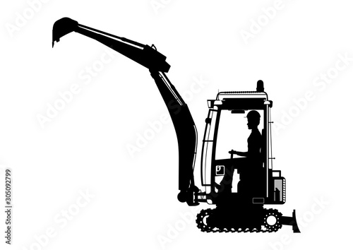 Mini excavator. Silhouette of an excavator with an operator inside. Side view. Flat vector.